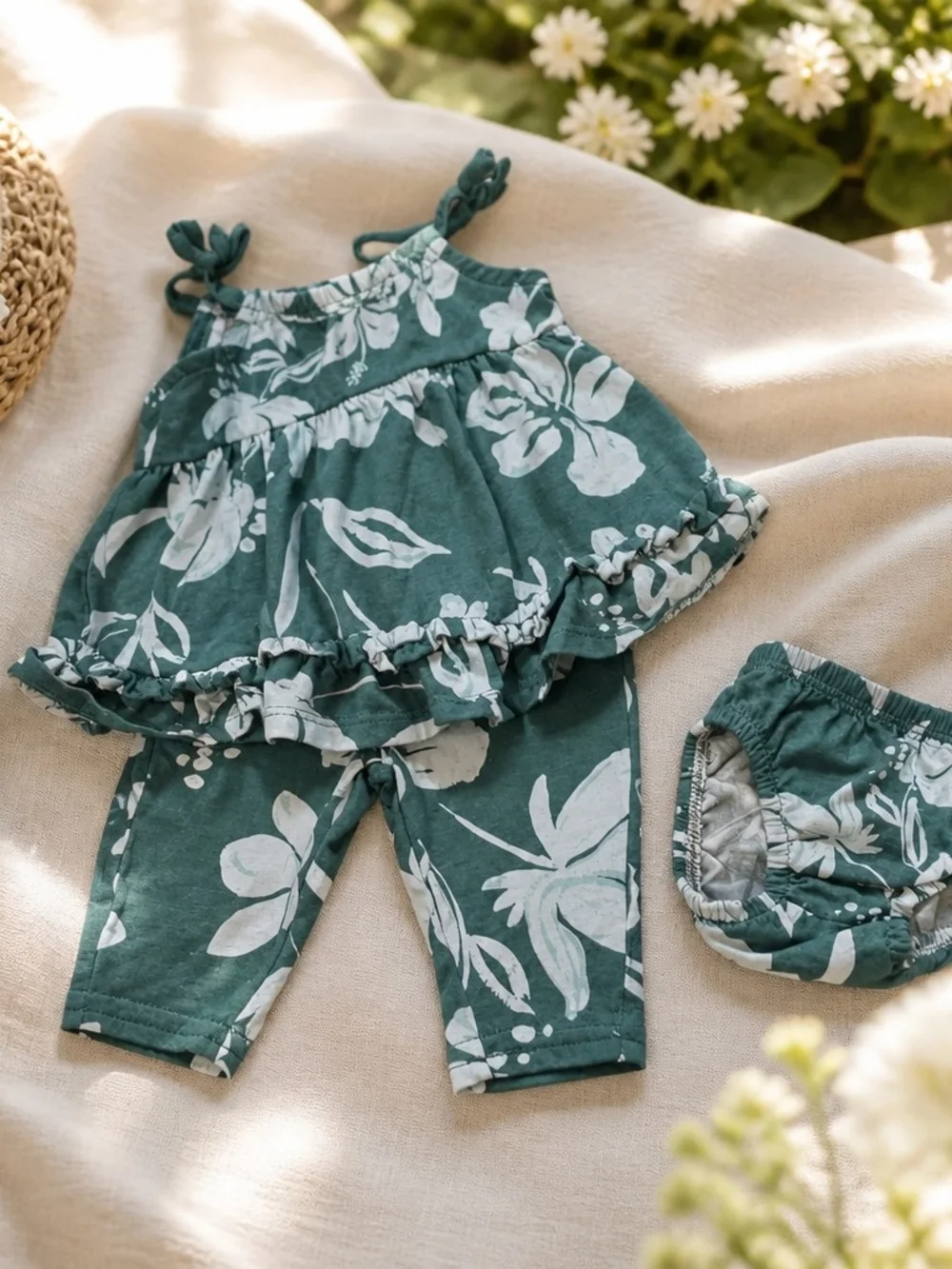 Carter's Teal Green Floral Ruffle Tank, Leggings & Bloomers Set Sz Newborn